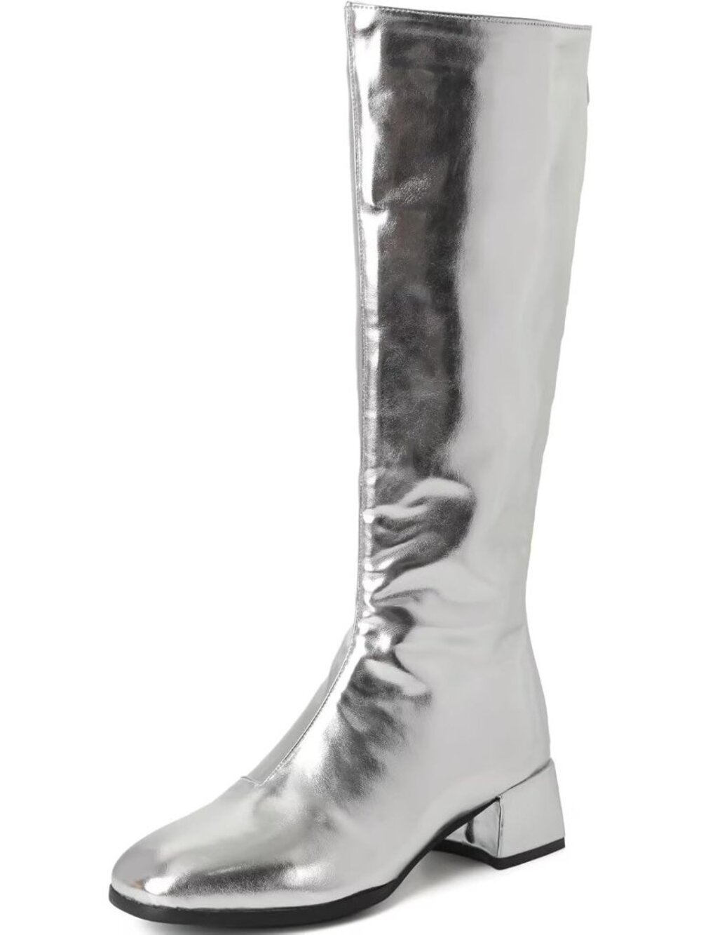 Women's Silver Chunky Low Heel Square Toe Full Back Zipper Knee High Boots